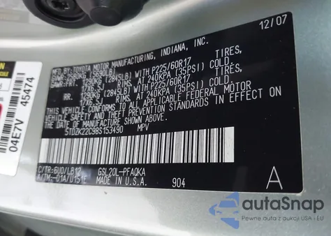 2008 Toyota Sienna Xle from USA, damaged, VIN 5TDZK22C98S153490